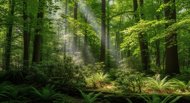 Dense green foliage with tall trees and shafts of sunlight filtering through the canopy creates a lush forest background scene. Nature and Ambience concept