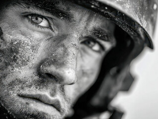 Determined man with a dust-covered face wearing a safety helmet, looking intensely with focused eyes in a monochrome portrait photograph