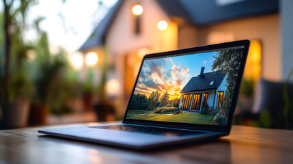 Laptop on a table displays a beautiful sunset over a house in a serene outdoor setting during golden hour