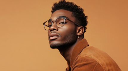 Fototapeta premium Stylish young man poses confidently against a warm orange background showcasing fashion and individuality