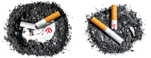 Broken Cigarette with Ashes and Red Stop Sign Concept