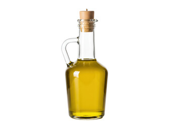 Isolated traditional carafe with a cork stopper filled with olive oil, ready for cooking