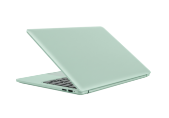 Isolated laptop showing computer in pale pastel green tone offering minimalist design style