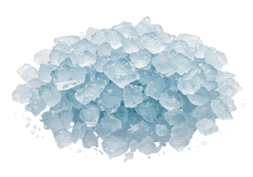 Isolated heap of rough, fractured blue ice crystals, crushed ice, refreshing summer drink additive