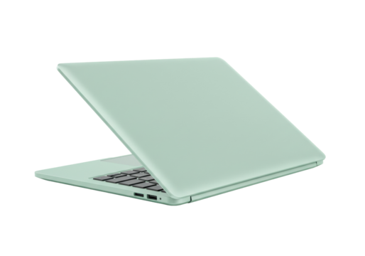 Isolated laptop showing computer in pale pastel green tone offering minimalist design style - Powered by Adobe