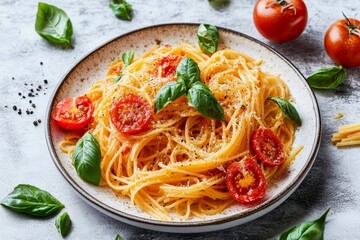 Delicious Spaghetti with Fresh Tomato Sauce, Basil, and Grated Parmesan Cheese on Rustic Plate
