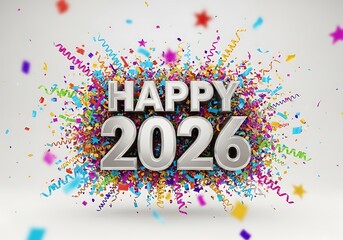 Silver 3D text 'HAPPY 2026' surrounded by a vibrant explosion of colorful confetti and streamers on a light background.
