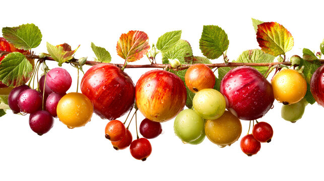 Ripe red apples and berries on branch with water droplets
