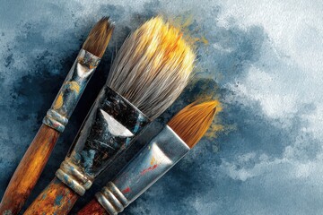 Close-up of used paintbrushes against a textured blue background, showcasing the artistry and tools of the artist's craft