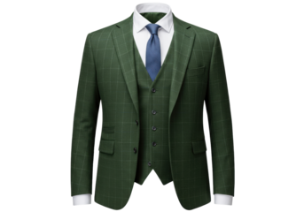 Isolated stylish three-piece dark green suit with checkered pattern and a blue necktie shown