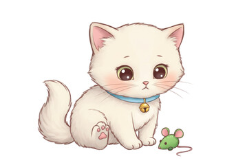 Isolated kitten with bell collar sitting beside cute cartoon mouse, adorable kitty pet friend