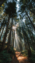 Fototapeta premium Serene forest path with tall green trees and dramatic sunbeam light. peaceful nature landscape in wood shows morning sunlight creating majestic and tranquil mood