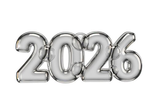 Shiny, transparent, bubble-like numerals forming the year 2026, isolated on white background.
