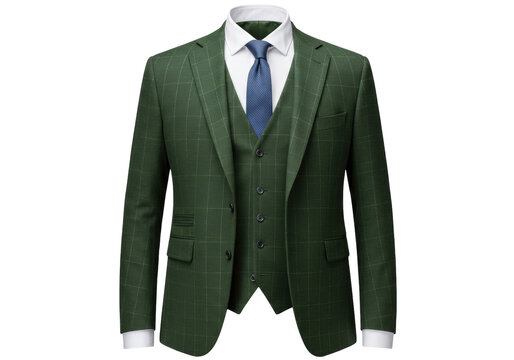 Isolated stylish three-piece dark green suit with checkered pattern and a blue necktie shown