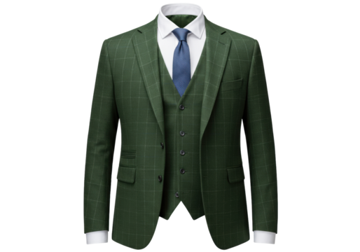 Isolated stylish three-piece dark green suit with checkered pattern and a blue necktie shown