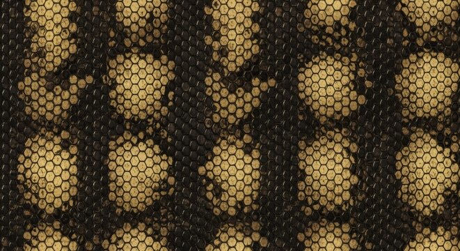 Seamless snake-skin pattern texture mimics a snake's scales, with a diamond or hexagonal layout, glossy dark brown scales, and lighter golden centers like python skin.