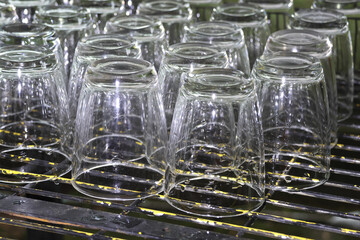 Sparkling clean empty drinking glass collection on rack in restaurant kitchen. Many transparent tumbler upside down, ready for beverage service and party preparation