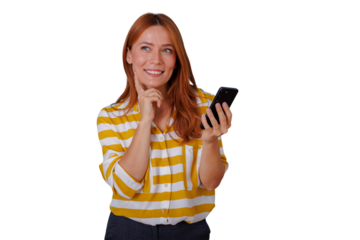 Woman holding phone and thinking, brainstorming new ideas, feeling inspired, looking up with a smile, transparent background