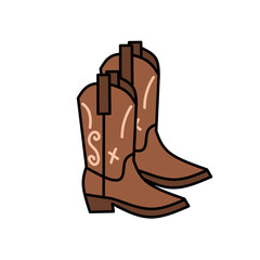 Flat vector set of cowboy and western themed elements such as hat, boots, sheriff badge, horse, revolver, saloon sign, cactus, and bandana in minimal rustic style for wild west design projects