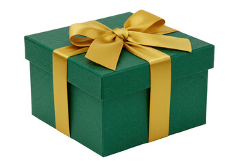 Isolated festive gift box, square green present with golden ribbon bow, holiday cheer concept