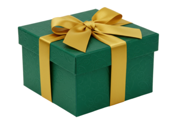 Isolated festive gift box, square green present with golden ribbon bow, holiday cheer concept
