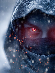 Intense gaze of a mysterious figure with glowing red eyes shrouded in a snow-covered hood and mask amid falling snow and glowing embers in a cold atmosphere