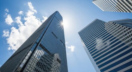 Obraz premium Ascending Facades Skyscrapers Reaching for Bright Blue Sky and Sunlight Glimmering