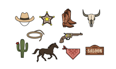 Flat vector set of cowboy and western themed elements such as hat, boots, sheriff badge, horse, revolver, saloon sign, cactus, and bandana in minimal rustic style for wild west design projects © Alif Nur Fauzan