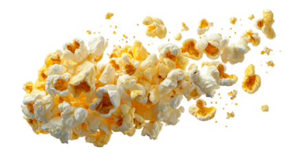 Fluffy popcorn pieces exploding and scattering across white