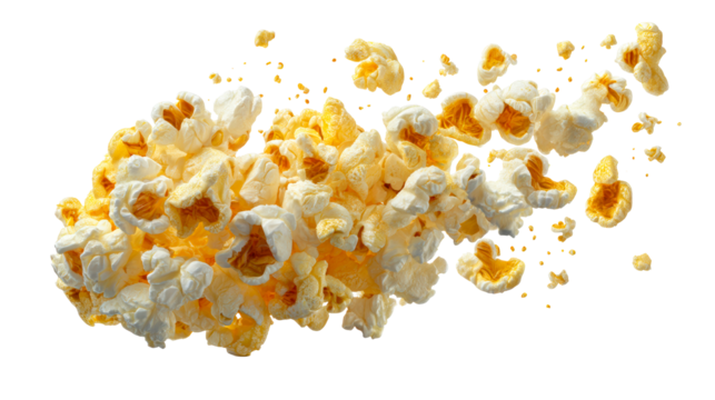 Fluffy popcorn pieces exploding and scattering across white
