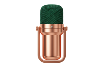 Isolated microphone in gold and green, podcast recording equipment for crisp audio output