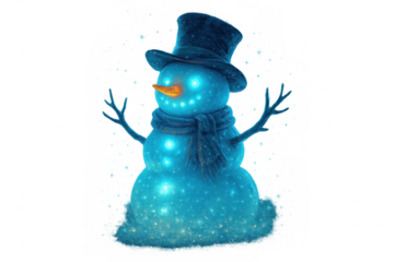 Glowing blue snowman wearing top hat and scarf, bringing magical winter holiday spirit, transparent background