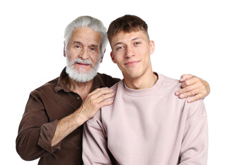 Father hugging his son on white background