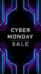 Futuristic cyber monday sale banner with glowing neon blue purple circuit lines and bold typography on dark tech background