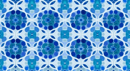 Fototapeta premium Seamless pattern dominated by cool blue tones features Moroccan-style trellis shapes creating a calming and cool continuous tiling background. Design and Abstract concept