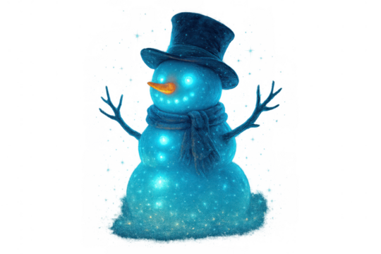Glowing blue snowman wearing top hat and scarf, bringing magical winter holiday spirit, transparent background