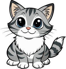 Create a highly detailed black-and-white hand-drawn sketch of a cute tabby kitten sitting with its front paws forward and large, expressive eyes. The fur should be textured with fine linework, and the