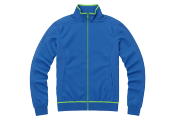Isolated modern blue full-zip training jacket with green accents, athletic wear for men