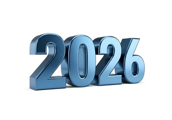Bold, blue metallic 3D numbers forming the year 2026, isolated on a reflective white background.