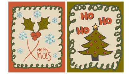 Cute hand drawn Merry Christmas cards with Christmas tree and mistletoe. Perfect for holiday designs and invitations.