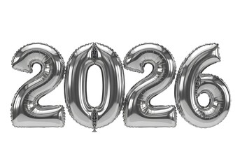Shiny silver balloons in the shape of the numbers "2026" are displayed against a white background, symbolizing the upcoming year.