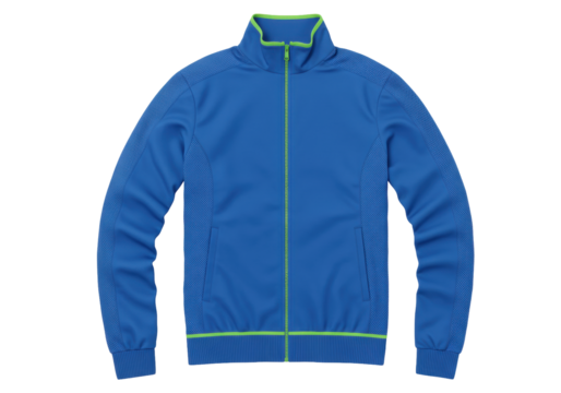 Isolated modern blue full-zip training jacket with green accents, athletic wear for men
