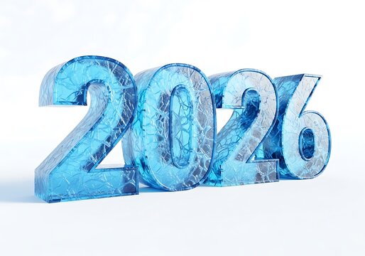 The year 2026 rendered in 3D blue ice with a cracked texture on a white background. - Powered by Adobe