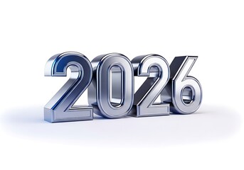 Metallic, three-dimensional rendering of the year 2026, presented on a white background with subtle shadows, suggesting a future date or upcoming year.