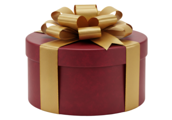 Isolated round present in maroon with gold ribbon and bow for a special occasion gift idea