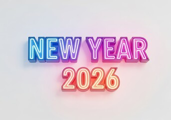 Glowing neon sign with the words NEW YEAR 2026 in a colorful blue, purple, and pink gradient on a white wall.