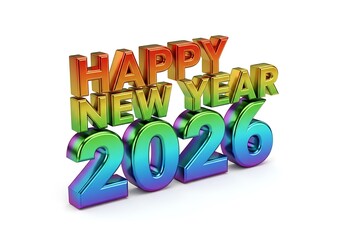 Vibrant, three-dimensional text proclaiming "Happy New Year 2026" with a colorful gradient finish against a clean white background.