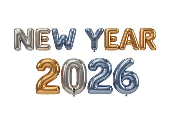 Metallic balloon letters spelling "NEW YEAR 2026" in silver, gold, and blue against a white background.