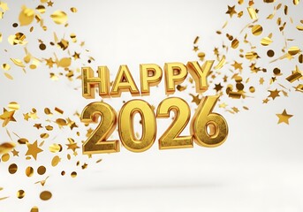 Golden "Happy 2026" text with celebratory confetti falling on a white background.