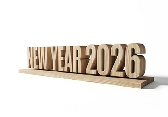 Wooden block letters spelling out "New Year 2026" on a wooden shelf, against a plain white background.
